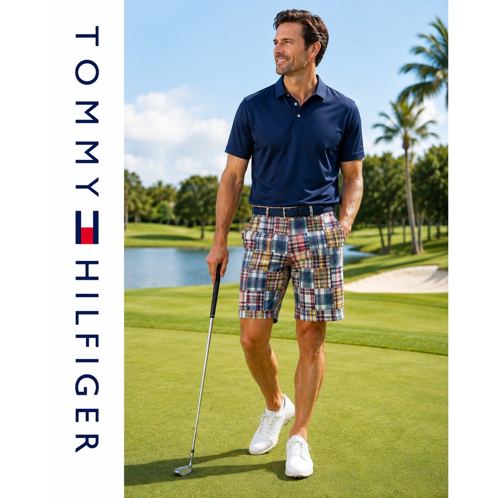 Tommy Hilfiger Patchwork Shorts Mens 36 Multi Plaid Preppy Summer Cotton Classic